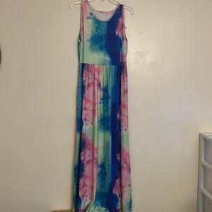 Maxi tye-dye dress pink, green, and blue with tank top sleeves!